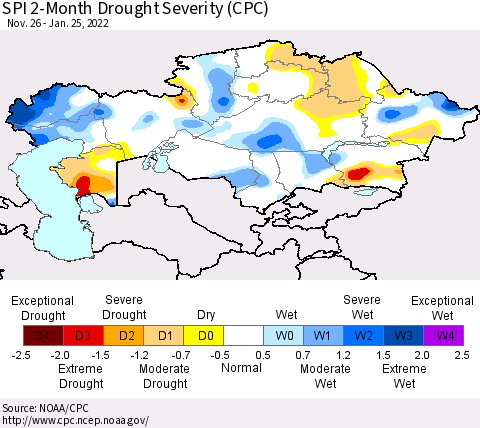 Kazakhstan SPI 2-Month Drought Severity (CPC) Thematic Map For 11/26/2021 - 1/25/2022
