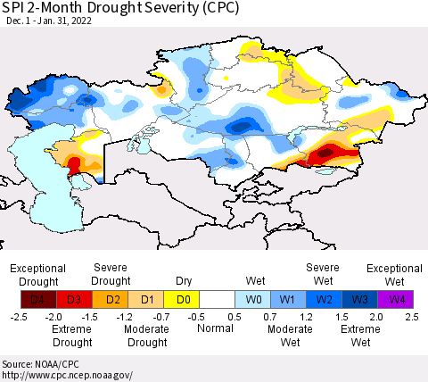 Kazakhstan SPI 2-Month Drought Severity (CPC) Thematic Map For 12/1/2021 - 1/31/2022