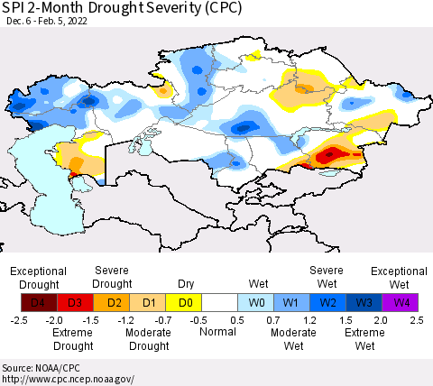 Kazakhstan SPI 2-Month Drought Severity (CPC) Thematic Map For 12/6/2021 - 2/5/2022