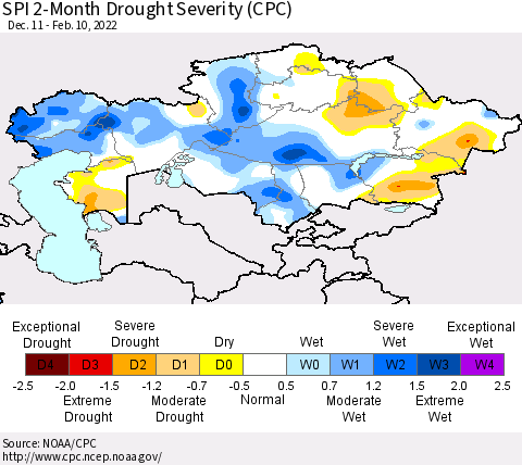 Kazakhstan SPI 2-Month Drought Severity (CPC) Thematic Map For 12/11/2021 - 2/10/2022