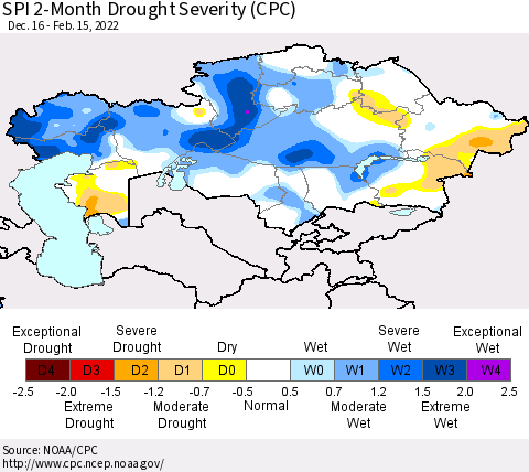 Kazakhstan SPI 2-Month Drought Severity (CPC) Thematic Map For 12/16/2021 - 2/15/2022