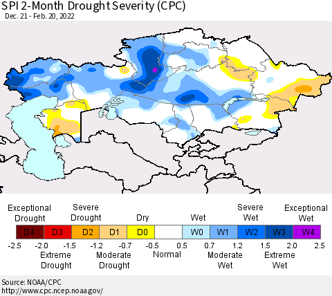 Kazakhstan SPI 2-Month Drought Severity (CPC) Thematic Map For 12/21/2021 - 2/20/2022