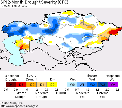 Kazakhstan SPI 2-Month Drought Severity (CPC) Thematic Map For 12/26/2021 - 2/25/2022