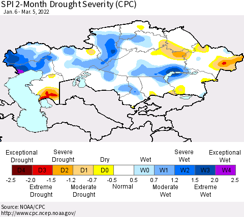Kazakhstan SPI 2-Month Drought Severity (CPC) Thematic Map For 1/6/2022 - 3/5/2022