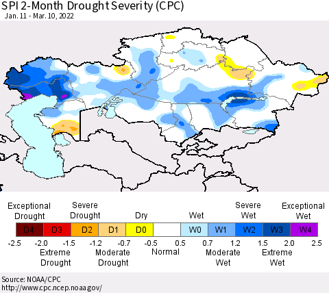 Kazakhstan SPI 2-Month Drought Severity (CPC) Thematic Map For 1/11/2022 - 3/10/2022