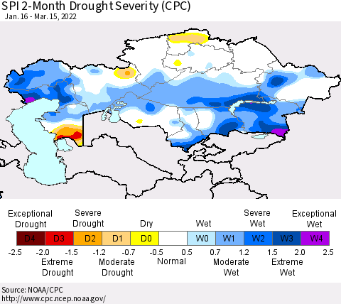 Kazakhstan SPI 2-Month Drought Severity (CPC) Thematic Map For 1/16/2022 - 3/15/2022