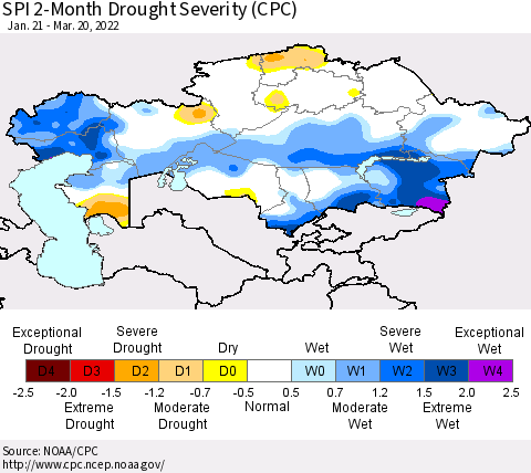 Kazakhstan SPI 2-Month Drought Severity (CPC) Thematic Map For 1/21/2022 - 3/20/2022