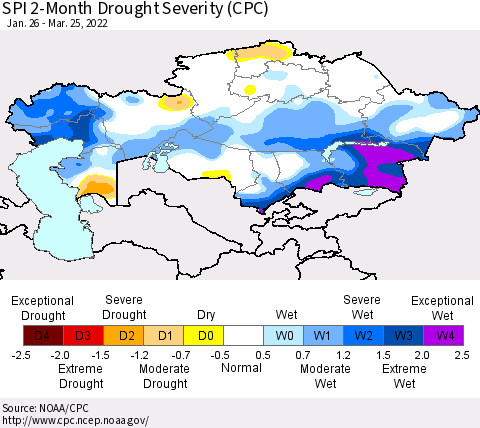 Kazakhstan SPI 2-Month Drought Severity (CPC) Thematic Map For 1/26/2022 - 3/25/2022
