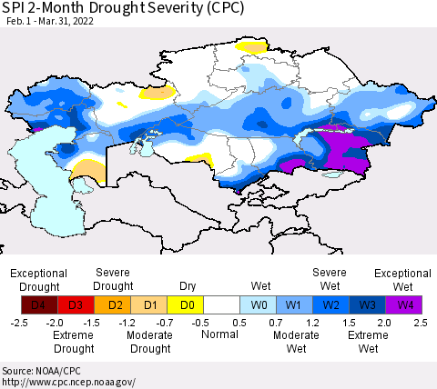 Kazakhstan SPI 2-Month Drought Severity (CPC) Thematic Map For 2/1/2022 - 3/31/2022