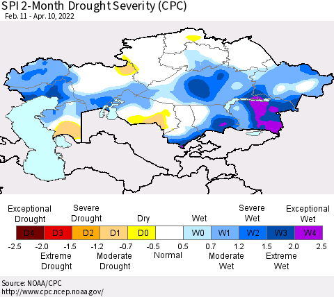 Kazakhstan SPI 2-Month Drought Severity (CPC) Thematic Map For 2/11/2022 - 4/10/2022