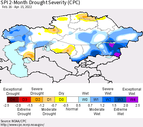 Kazakhstan SPI 2-Month Drought Severity (CPC) Thematic Map For 2/16/2022 - 4/15/2022