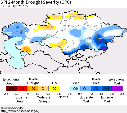 Kazakhstan SPI 2-Month Drought Severity (CPC) Thematic Map For 2/21/2022 - 4/20/2022