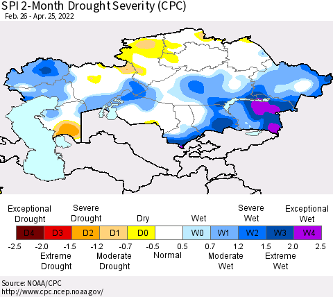 Kazakhstan SPI 2-Month Drought Severity (CPC) Thematic Map For 2/26/2022 - 4/25/2022