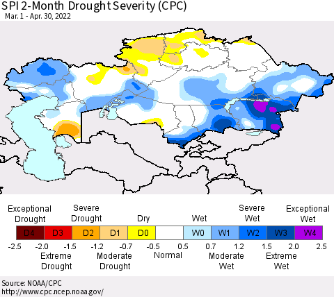 Kazakhstan SPI 2-Month Drought Severity (CPC) Thematic Map For 3/1/2022 - 4/30/2022