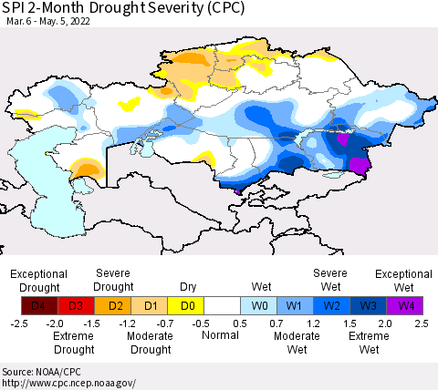 Kazakhstan SPI 2-Month Drought Severity (CPC) Thematic Map For 3/6/2022 - 5/5/2022
