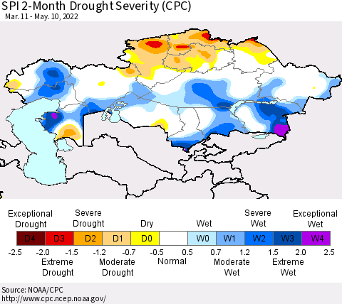 Kazakhstan SPI 2-Month Drought Severity (CPC) Thematic Map For 3/11/2022 - 5/10/2022