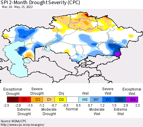 Kazakhstan SPI 2-Month Drought Severity (CPC) Thematic Map For 3/16/2022 - 5/15/2022