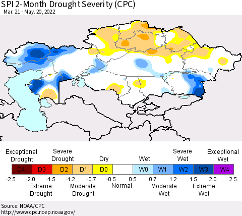 Kazakhstan SPI 2-Month Drought Severity (CPC) Thematic Map For 3/21/2022 - 5/20/2022