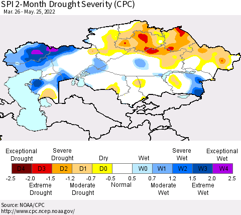 Kazakhstan SPI 2-Month Drought Severity (CPC) Thematic Map For 3/26/2022 - 5/25/2022
