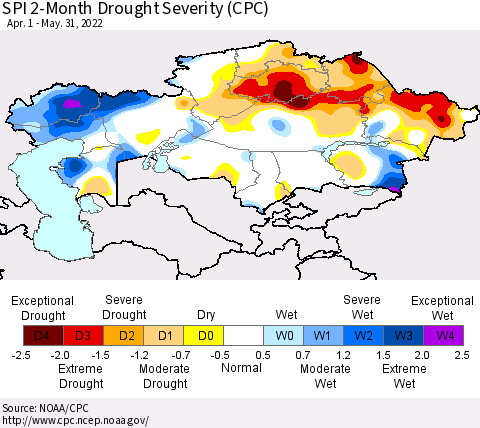 Kazakhstan SPI 2-Month Drought Severity (CPC) Thematic Map For 4/1/2022 - 5/31/2022