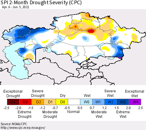 Kazakhstan SPI 2-Month Drought Severity (CPC) Thematic Map For 4/6/2022 - 6/5/2022