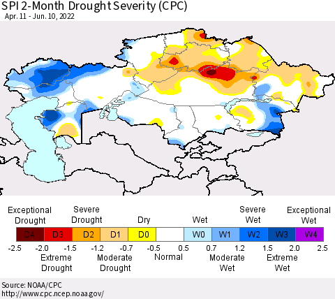 Kazakhstan SPI 2-Month Drought Severity (CPC) Thematic Map For 4/11/2022 - 6/10/2022