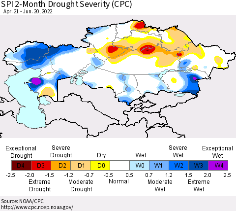 Kazakhstan SPI 2-Month Drought Severity (CPC) Thematic Map For 4/21/2022 - 6/20/2022