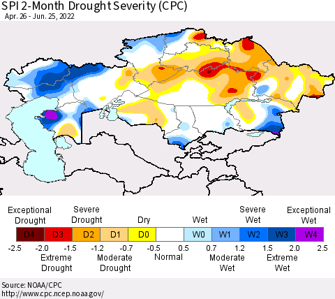 Kazakhstan SPI 2-Month Drought Severity (CPC) Thematic Map For 4/26/2022 - 6/25/2022