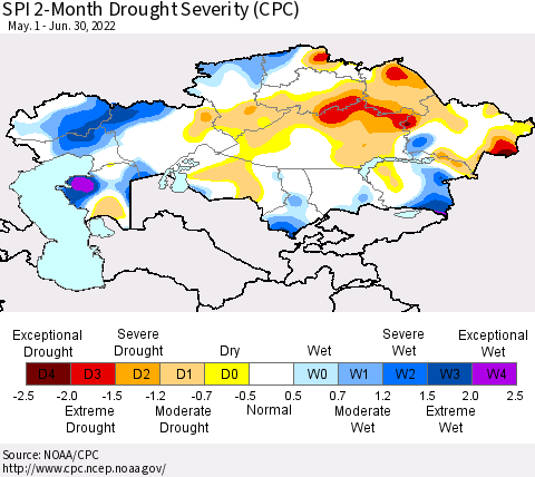 Kazakhstan SPI 2-Month Drought Severity (CPC) Thematic Map For 5/1/2022 - 6/30/2022