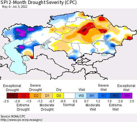 Kazakhstan SPI 2-Month Drought Severity (CPC) Thematic Map For 5/6/2022 - 7/5/2022