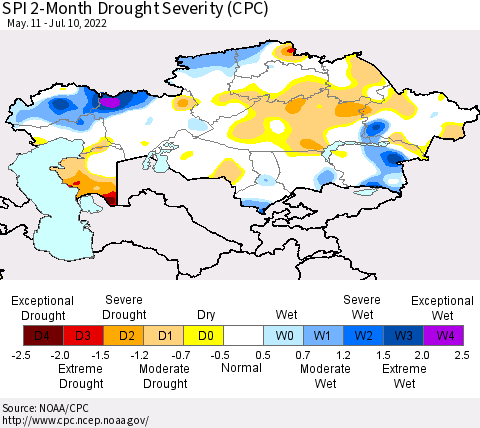 Kazakhstan SPI 2-Month Drought Severity (CPC) Thematic Map For 5/11/2022 - 7/10/2022