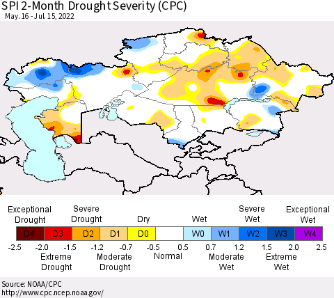 Kazakhstan SPI 2-Month Drought Severity (CPC) Thematic Map For 5/16/2022 - 7/15/2022