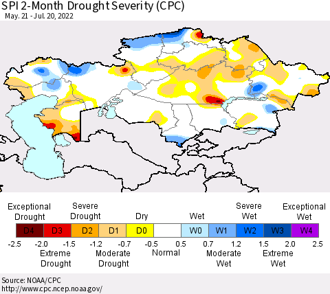 Kazakhstan SPI 2-Month Drought Severity (CPC) Thematic Map For 5/21/2022 - 7/20/2022
