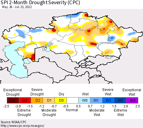 Kazakhstan SPI 2-Month Drought Severity (CPC) Thematic Map For 5/26/2022 - 7/25/2022