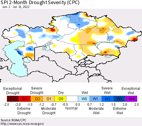 Kazakhstan SPI 2-Month Drought Severity (CPC) Thematic Map For 6/1/2022 - 7/31/2022