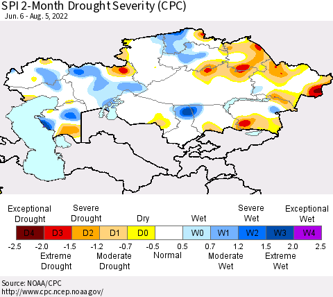 Kazakhstan SPI 2-Month Drought Severity (CPC) Thematic Map For 6/6/2022 - 8/5/2022
