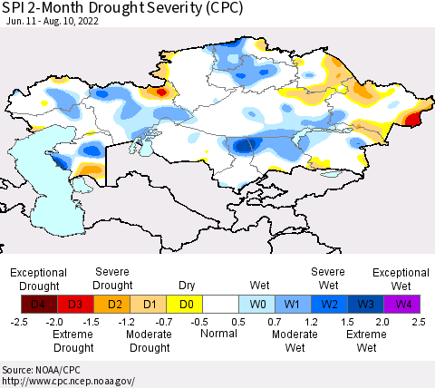 Kazakhstan SPI 2-Month Drought Severity (CPC) Thematic Map For 6/11/2022 - 8/10/2022