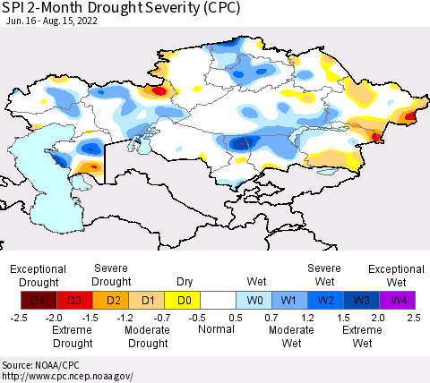 Kazakhstan SPI 2-Month Drought Severity (CPC) Thematic Map For 6/16/2022 - 8/15/2022