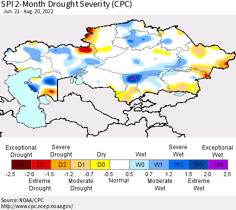 Kazakhstan SPI 2-Month Drought Severity (CPC) Thematic Map For 6/21/2022 - 8/20/2022