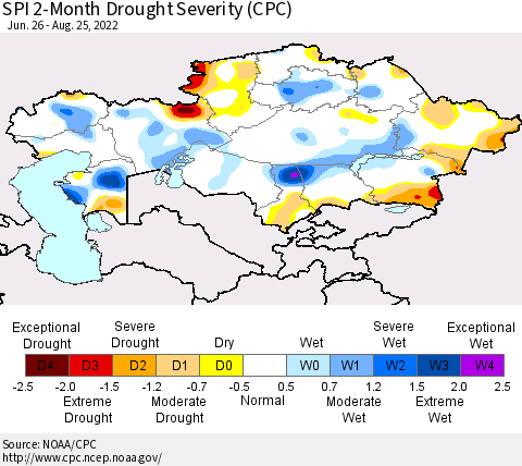 Kazakhstan SPI 2-Month Drought Severity (CPC) Thematic Map For 6/26/2022 - 8/25/2022