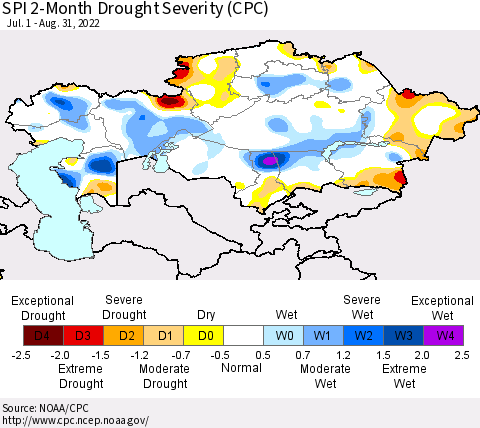 Kazakhstan SPI 2-Month Drought Severity (CPC) Thematic Map For 7/1/2022 - 8/31/2022