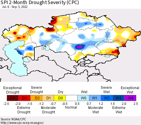 Kazakhstan SPI 2-Month Drought Severity (CPC) Thematic Map For 7/6/2022 - 9/5/2022
