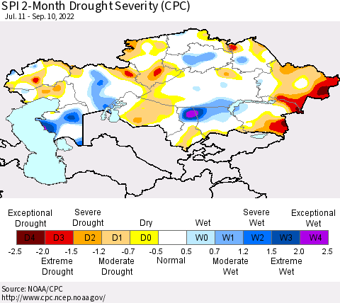 Kazakhstan SPI 2-Month Drought Severity (CPC) Thematic Map For 7/11/2022 - 9/10/2022