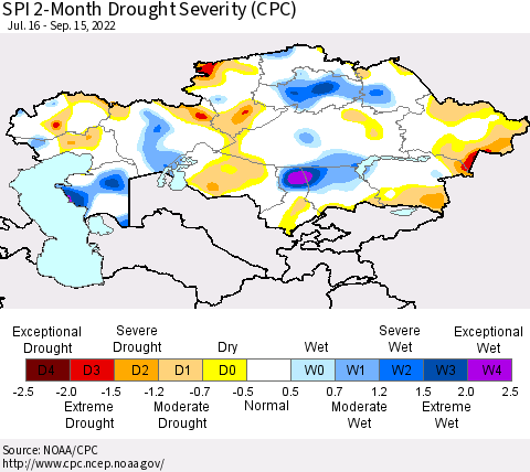 Kazakhstan SPI 2-Month Drought Severity (CPC) Thematic Map For 7/16/2022 - 9/15/2022