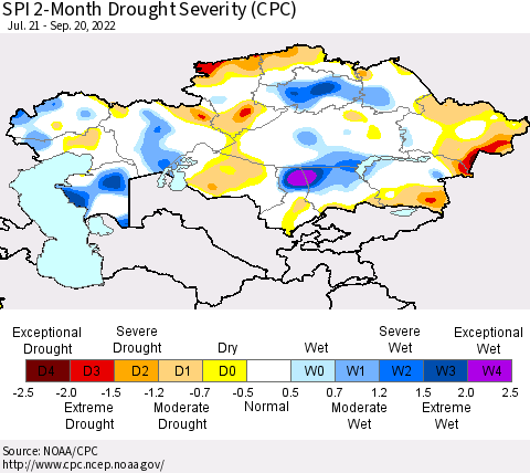 Kazakhstan SPI 2-Month Drought Severity (CPC) Thematic Map For 7/21/2022 - 9/20/2022