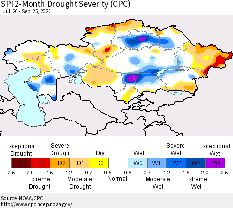 Kazakhstan SPI 2-Month Drought Severity (CPC) Thematic Map For 7/26/2022 - 9/25/2022
