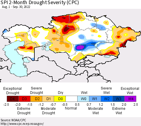 Kazakhstan SPI 2-Month Drought Severity (CPC) Thematic Map For 8/1/2022 - 9/30/2022