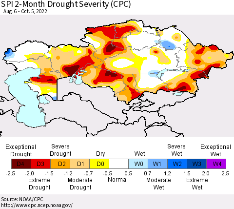Kazakhstan SPI 2-Month Drought Severity (CPC) Thematic Map For 8/6/2022 - 10/5/2022