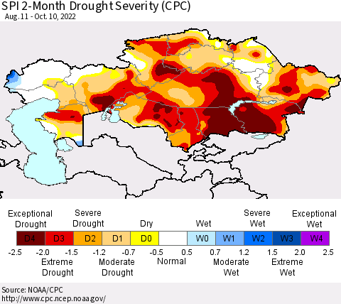 Kazakhstan SPI 2-Month Drought Severity (CPC) Thematic Map For 8/11/2022 - 10/10/2022