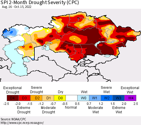 Kazakhstan SPI 2-Month Drought Severity (CPC) Thematic Map For 8/16/2022 - 10/15/2022